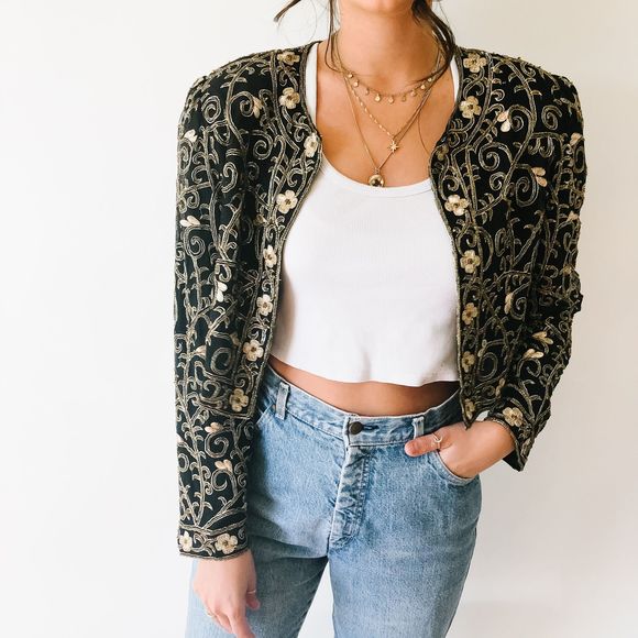 Vintage Jackets & Blazers - Vintage Black & Gold Embroidered Jacket